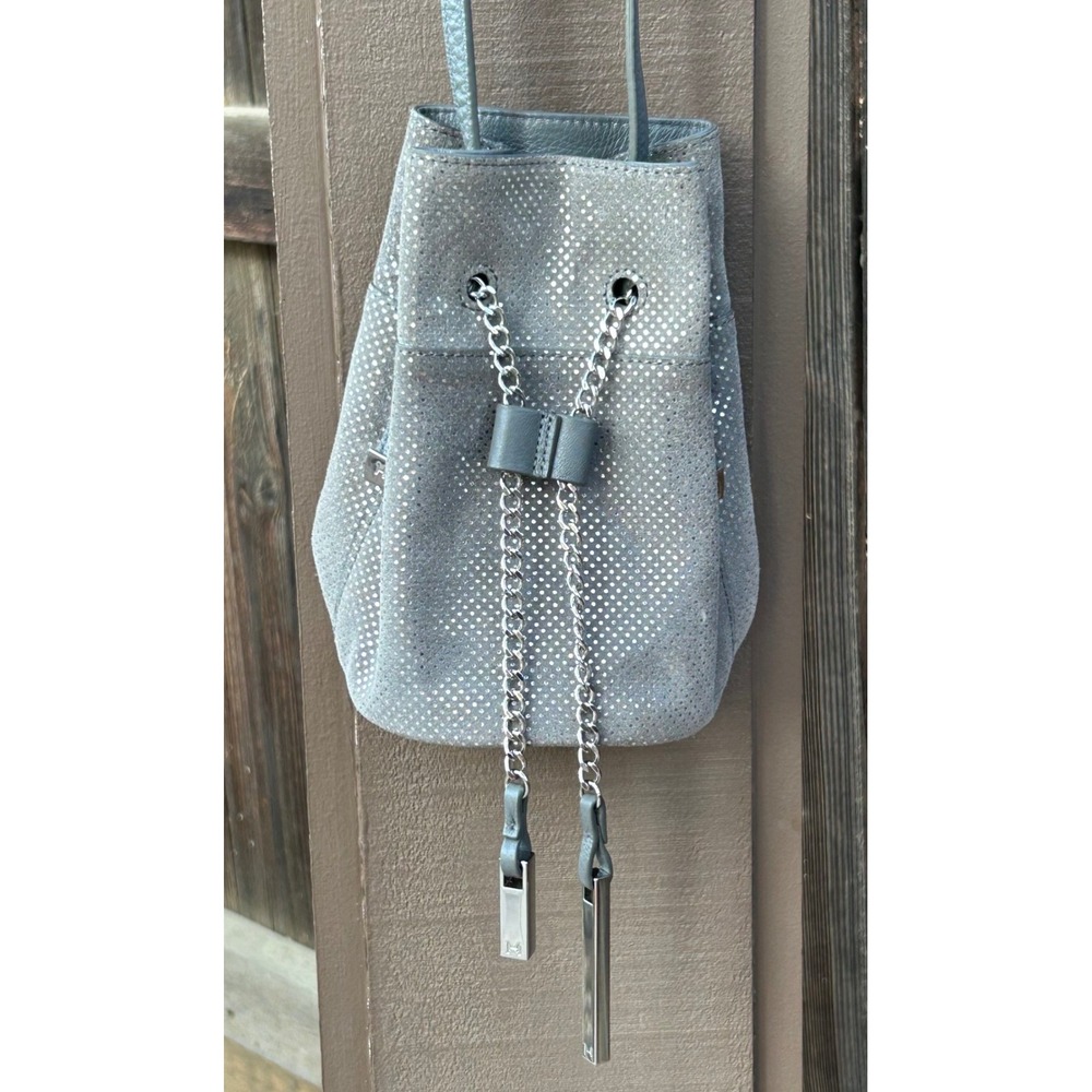 Halston Heritage Mini Bucket Bag Gray Metallic Crossbody Chain Drawstring
